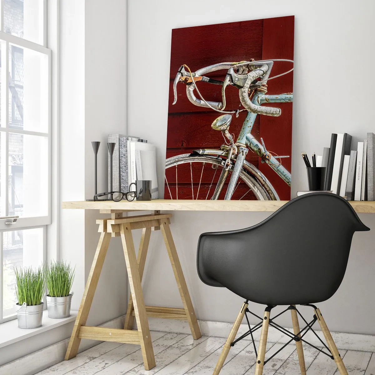 Cuadro sobre vidrio - Impresiones sobre Vidrio - Una vieja bicicleta de carretera de la década de 1970 contra una pared de madera roja. - 50x70cm - Creada para las victorias - Decoración de pared moderna para salón y dormitorio ARTTOR