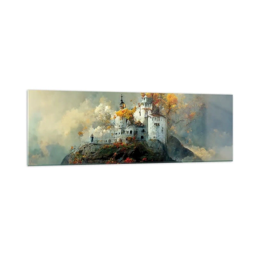 Cuadro sobre vidrio - Impresiones sobre Vidrio - Un castillo en una colina rodeado de árboles otoñales. - 160x50cm - El comienzo de una historia romántica - Decoración de pared moderna para salón y dormitorio ARTTOR