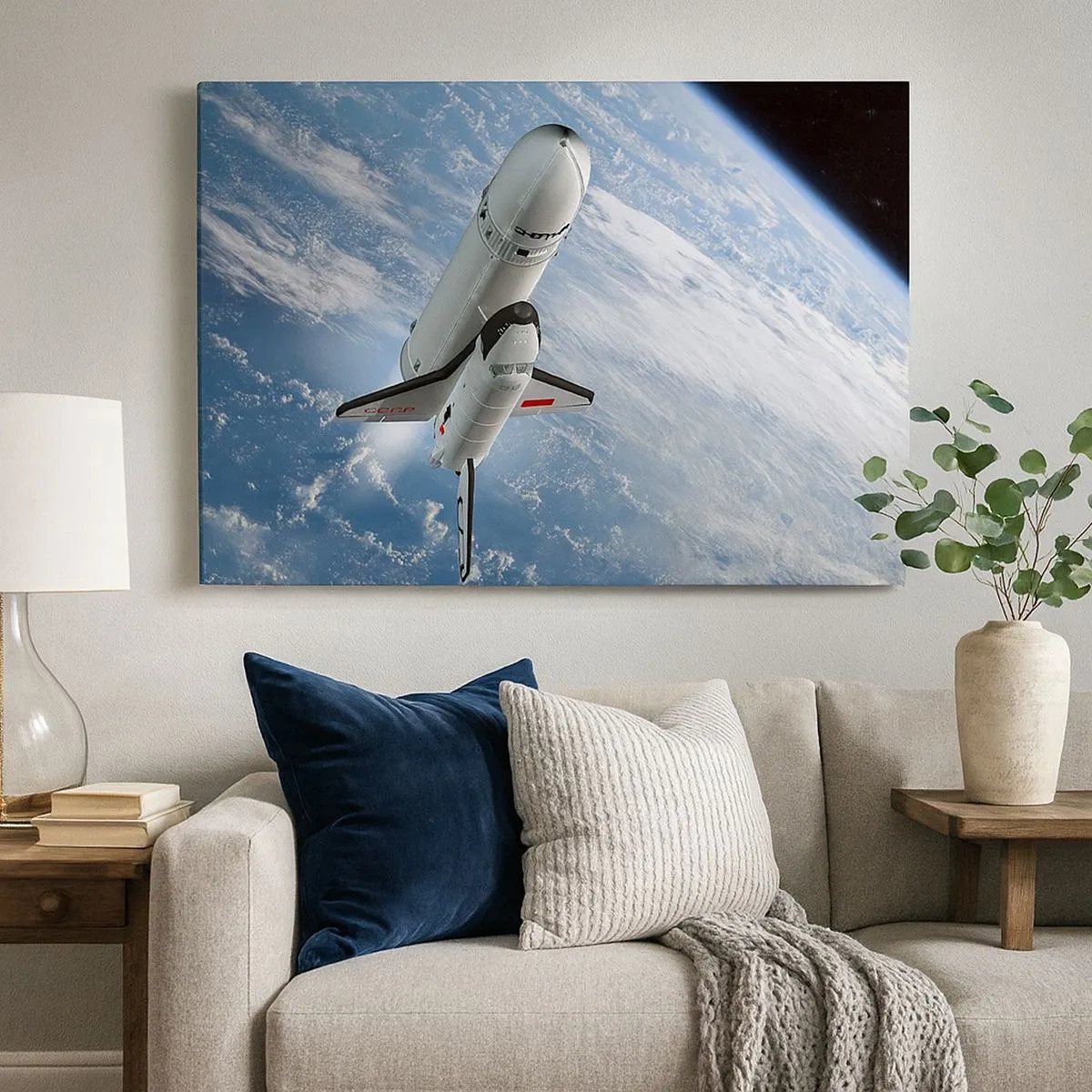 Cuadro sobre lienzo - Impresión de Imagen - Un cohete espacial elevándose contra el telón de fondo de la Tierra. - 70x50cm - Ascensión cósmica - Decoración de pared moderna para salón y dormitorio ARTTOR
