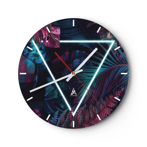 Reloj de pared - Reloj de vidrio - Hojas tropicales y helechos con triángulos de neón - 30x30cm - Jardín fluorescente - Decoración de pared moderna para salón, cocina y dormitorio ARTTOR