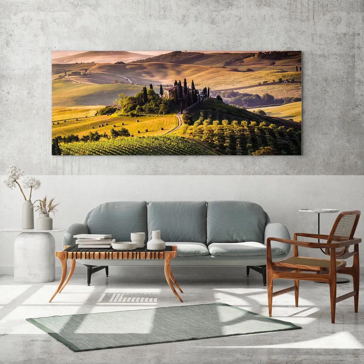 Cuadro sobre vidrio - Impresiones sobre Vidrio - Paisaje toscano con viñedos y una casa en una colina. - 140x50cm - Paisaje toscano - Decoración de pared moderna para salón y dormitorio ARTTOR