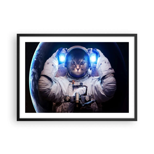 Póster en marco negro - Un gato en un traje de astronauta con la Tierra al fondo y una luz brillante. - 70x50cm - Houston, tienes un problema. - Decoración de pared moderna para salón y dormitorio ARTTOR