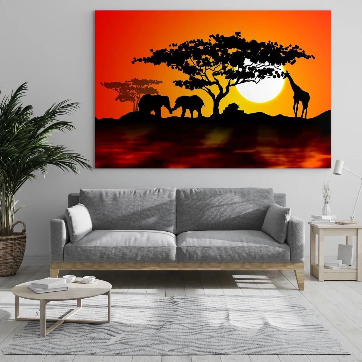 Cuadro sobre vidrio - Impresiones sobre Vidrio - Paisaje africano con árboles y animales al atardecer. - 120x80cm - Reunión en la sabana - Decoración de pared moderna para salón y dormitorio ARTTOR