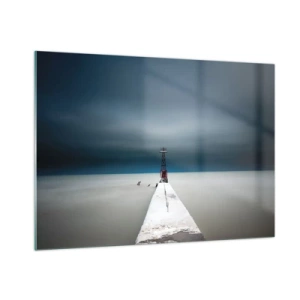 Cuadro sobre vidrio - Impresiones sobre Vidrio - Un muelle minimalista que conduce al faro con el mar y el cielo como telón de fondo. - 100x70cm - Encuentro con la inmensidad - Decoración de pared moderna para salón y dormitorio ARTTOR