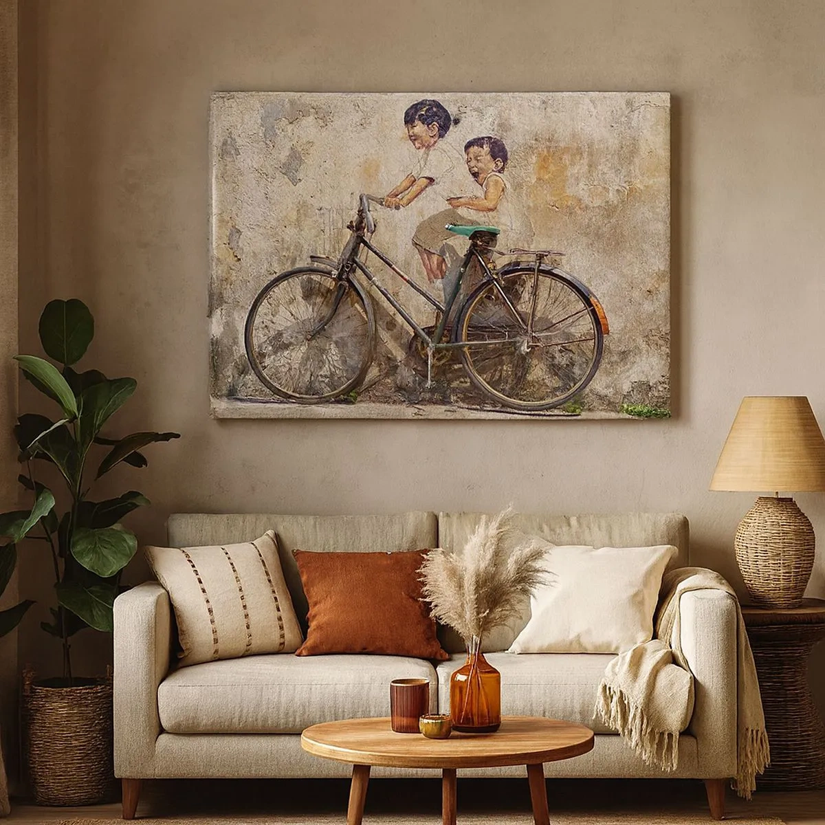 Cuadro sobre lienzo - Impresión de Imagen - Arte callejero con una bicicleta y dibujos infantiles en la pared. - 70x50cm - ¿Verdadero o falso? - Decoración de pared moderna para salón y dormitorio ARTTOR