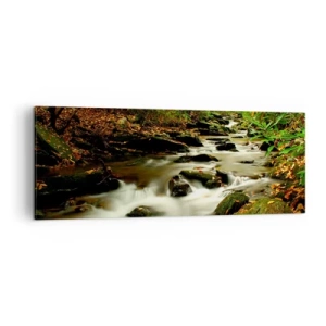 Cuadro sobre lienzo - Impresión de Imagen - Un arroyo forestal que fluye entre piedras rodeadas de vegetación. - 140x50cm - Como plata líquida - Decoración de pared moderna para salón y dormitorio ARTTOR