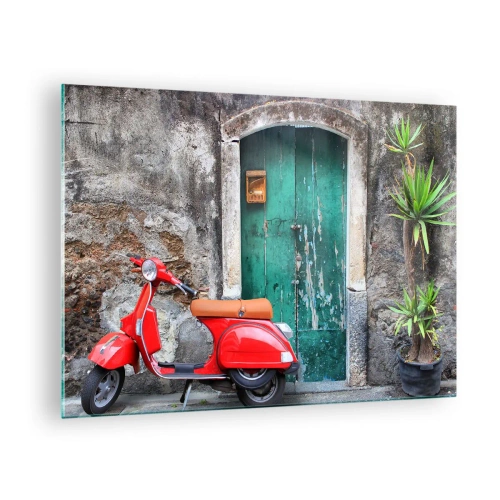 Cuadro sobre vidrio - Impresiones sobre Vidrio - Scooter rojo contra una puerta verde - 70x50cm - Vacaciones en Italia - Decoración de pared moderna para salón y dormitorio ARTTOR