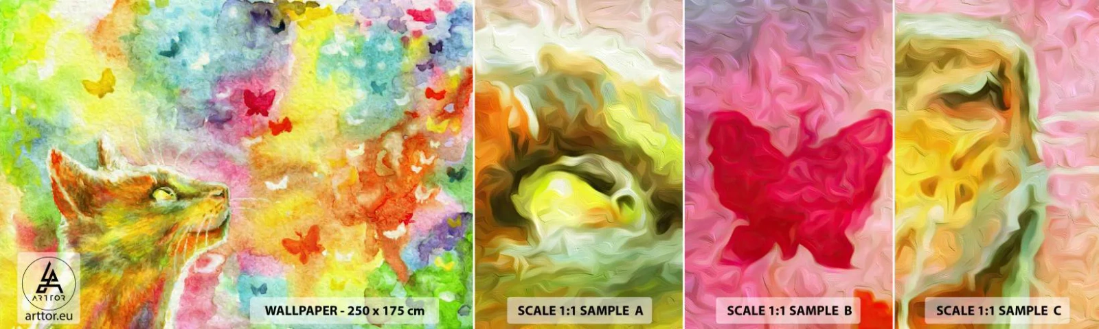 Muestra de fotomural autoadhesivo Deluxe Sticker - En el paraíso de los gatos - animales, Gato, Mariposa - 100x30 cm