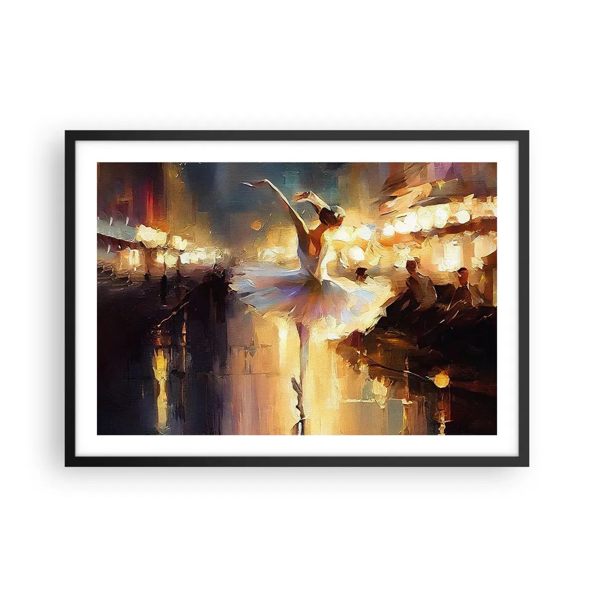 Póster en marco negro - Una bailarina bailando frente a un escenario iluminado. - 70x50cm - Un milagro en la calle - Decoración de pared moderna para salón y dormitorio ARTTOR