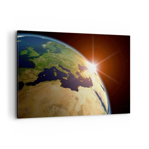 Cuadro sobre lienzo - Impresión de Imagen - Vista de la Tierra desde el espacio con rayos de sol en el horizonte - 100x70cm - Amanecer - Decoración de pared moderna para salón y dormitorio ARTTOR