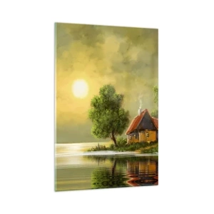 Cuadro sobre vidrio - Impresiones sobre Vidrio - Casa del lago a la luz del atardecer - 80x120cm - Es hermoso, como salido de un cuadro - Decoración de pared moderna para salón y dormitorio ARTTOR