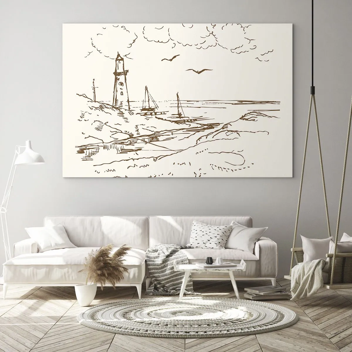 Cuadro sobre vidrio - Impresiones sobre Vidrio - Boceto de un faro en un paisaje costero - 120x80cm - Un esbozo de un recuerdo de verano - Decoración de pared moderna para salón y dormitorio ARTTOR