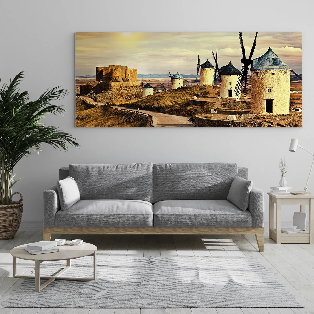Cuadro sobre vidrio - Impresiones sobre Vidrio - Molinos de viento en las colinas con un castillo histórico al fondo - 160x50cm - Don Quijote los vio - Decoración de pared moderna para salón y dormitorio ARTTOR