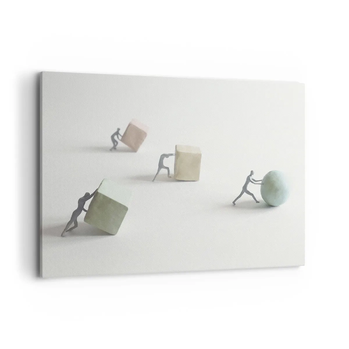 Cuadro sobre lienzo - Impresión de Imagen - Figuras en miniatura que empujan formas contra un fondo claro. - 100x70cm - El avance de la geometría - Decoración de pared moderna para salón y dormitorio ARTTOR