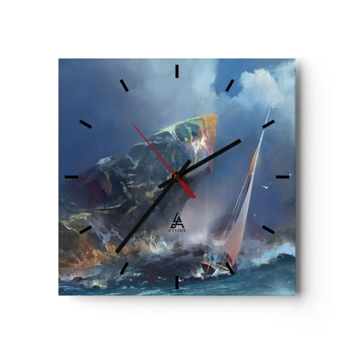 Reloj de pared - Reloj de vidrio - Un velero en medio de una tormenta al pie de una enorme roca. - 30x30cm - La gloria es para los valientes - Decoración de pared moderna para salón y dormitorio ARTTOR
