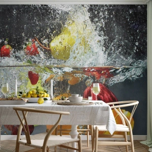 Fotomural Premium Sand - Frutas coloridas cayendo al agua en una composición dinámica. - 100x70cm - Refresco afrutado - Decoración de pared moderna para salón y dormitorio ARTTOR