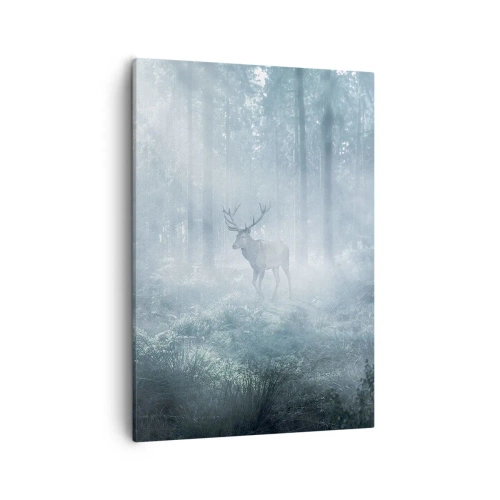 Cuadro sobre lienzo - Impresión de Imagen - Un ciervo en un bosque denso envuelto en la niebla matutina. - 50x70cm - Ronda matutina por la finca - Decoración de pared moderna para salón y dormitorio ARTTOR