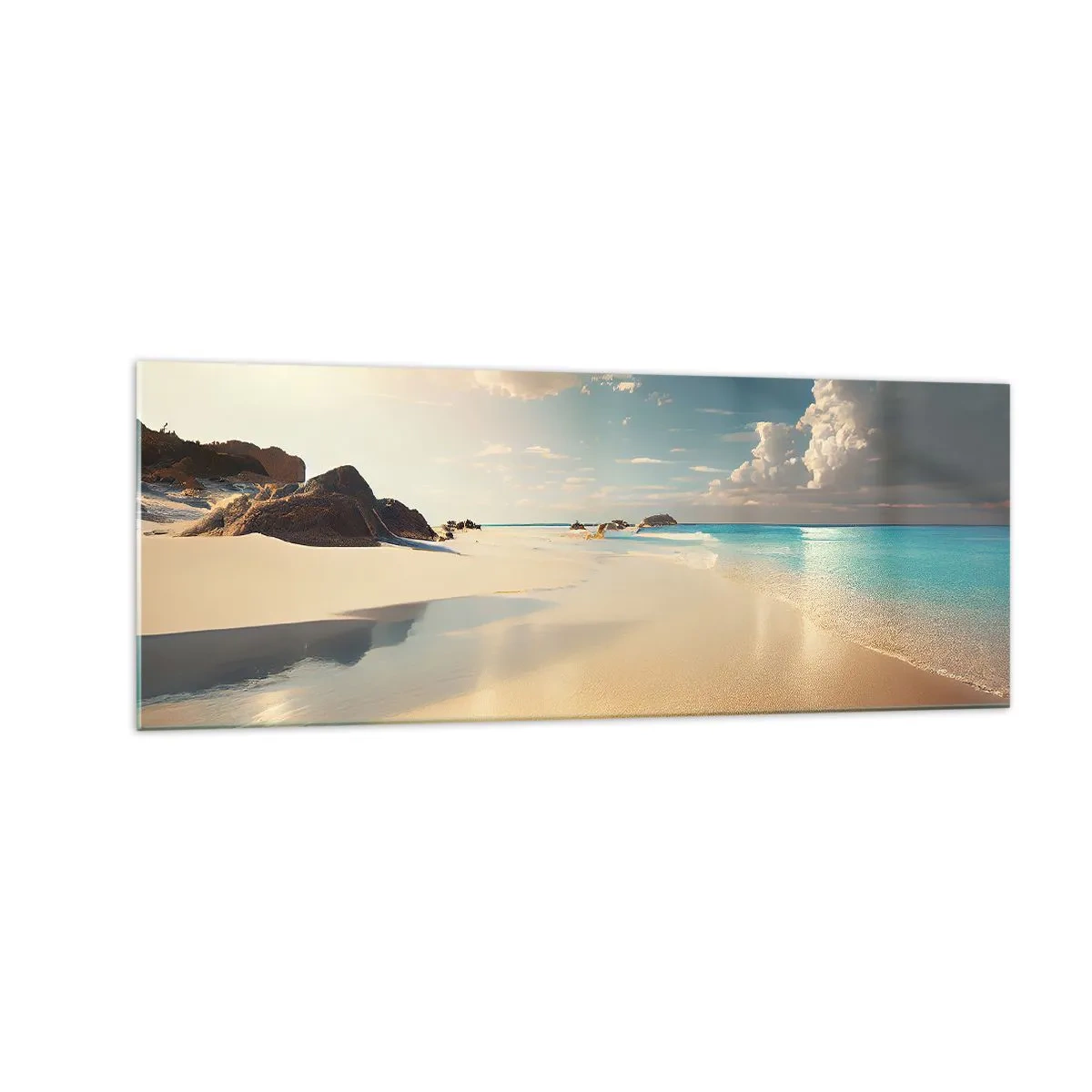 Cuadro sobre vidrio - Impresiones sobre Vidrio - Una playa soleada con mar azul y rocas. - 140x50cm - Un día de ensueño - Decoración de pared moderna para salón y dormitorio ARTTOR