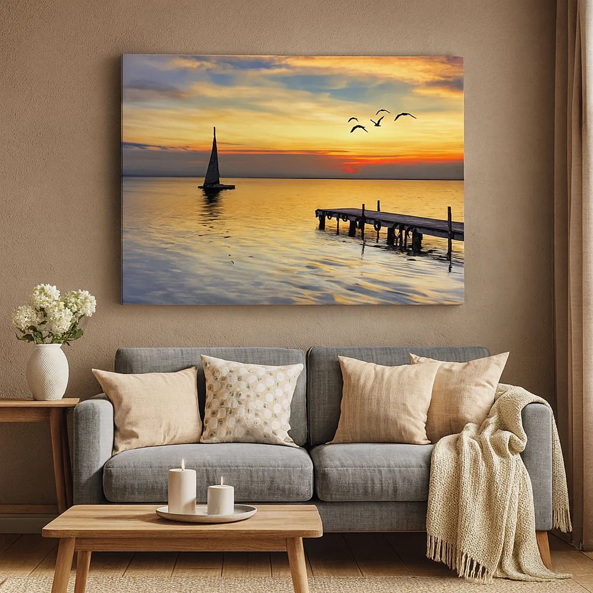 Cuadro sobre lienzo - Impresión de Imagen - Puesta de sol con un velero y un muelle en un lago tranquilo - 70x50cm - Regresos nocturnos - Decoración de pared moderna para salón y dormitorio ARTTOR
