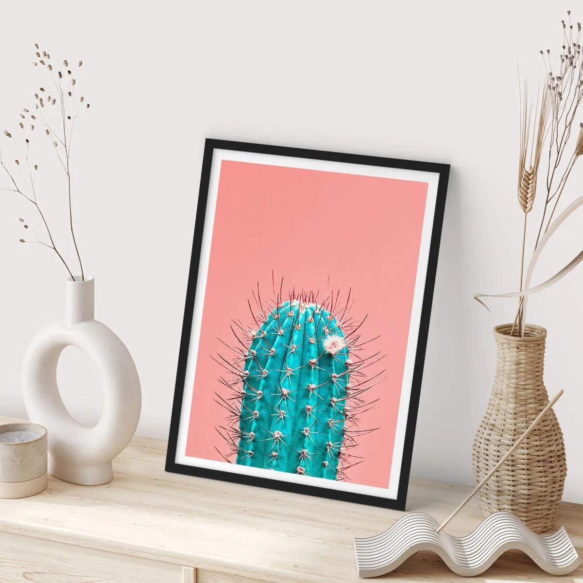 Póster en marco negro - Cactus turquesa sobre fondo rosa - 50x70cm - Se mira, pero no se toca - Decoración de pared moderna para salón y dormitorio ARTTOR