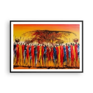Póster en marco negro - Una escena colorida con figuras africanas con el sol poniente como telón de fondo. - 100x70cm - Allí, allí, allí van - Decoración de pared moderna para salón y dormitorio ARTTOR