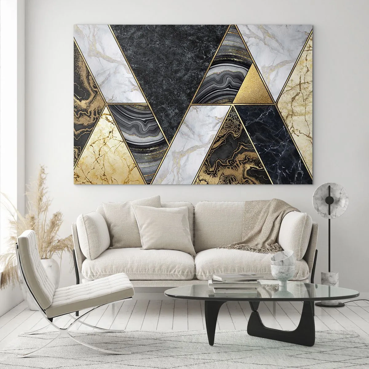 Cuadro sobre vidrio - Impresiones sobre Vidrio - Patrón geométrico de triángulos de mármol y oro. - 100x70cm - Collage de piedras - Decoración de pared moderna para salón y dormitorio ARTTOR