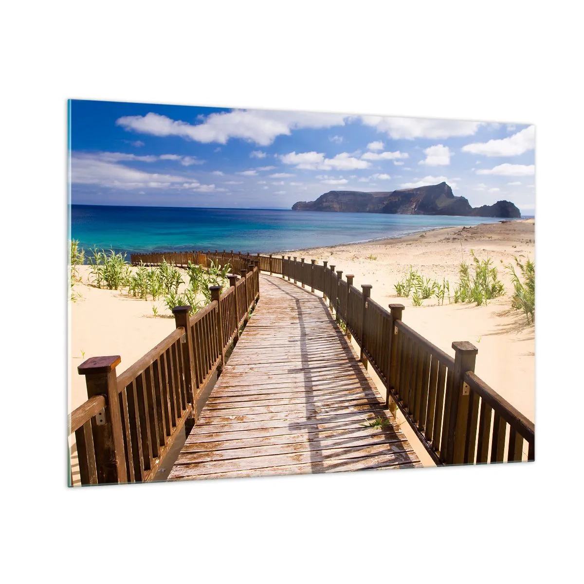 Cuadro sobre vidrio - Impresiones sobre Vidrio - Camino de madera en la playa que conduce al mar. - 100x70cm - Llévame a la isla de la felicidad - Decoración de pared moderna para salón y dormitorio ARTTOR