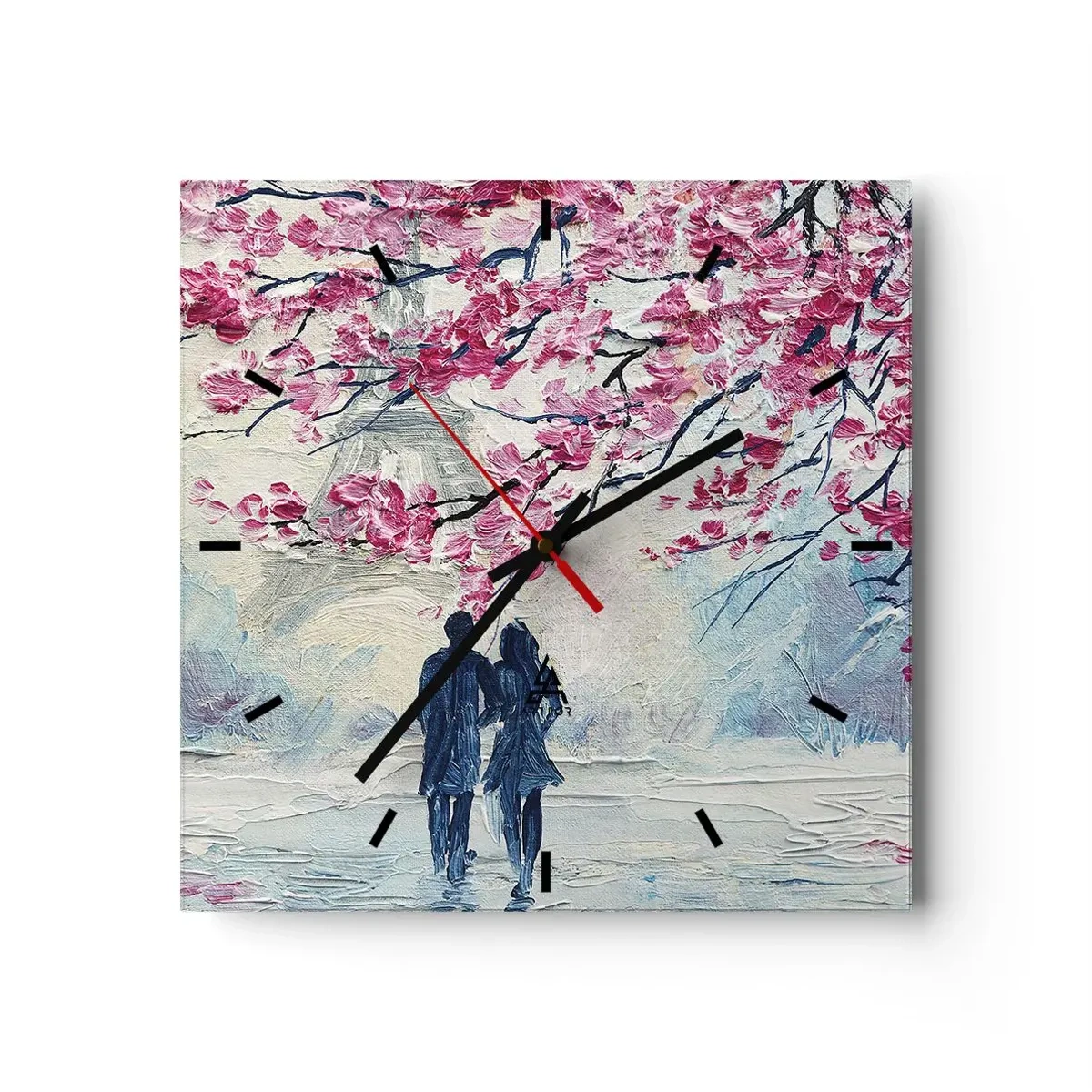 Reloj de pared - Reloj de vidrio - Una pareja bajo árboles rosados en flor en un entorno romántico. - 30x30cm - Un paseo romántico - Decoración de pared moderna para salón y dormitorio ARTTOR