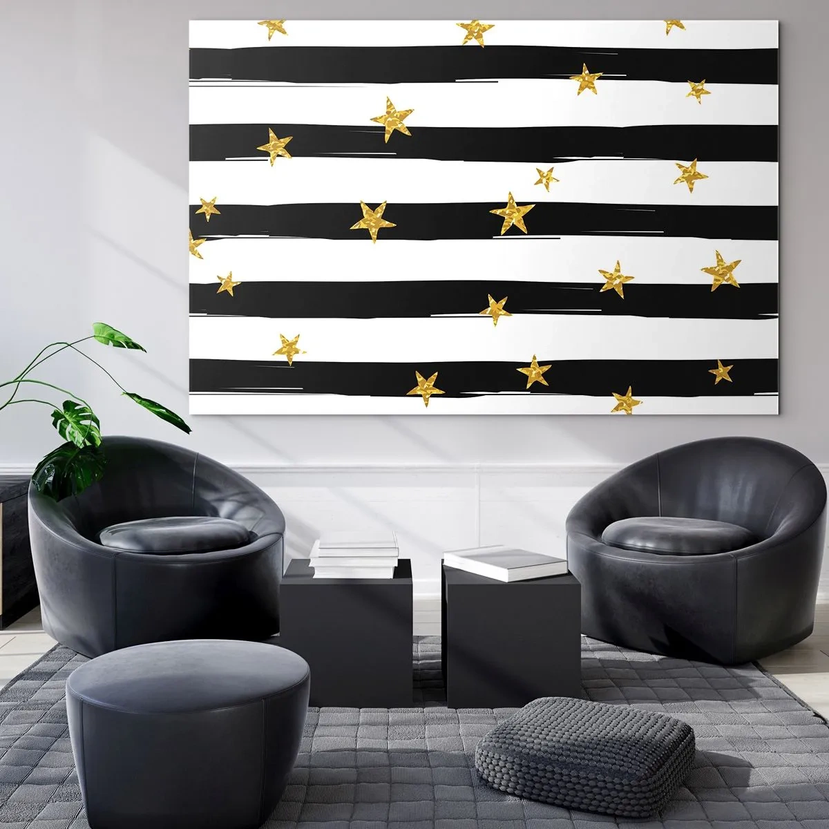 Cuadro sobre vidrio - Impresiones sobre Vidrio - Rayas blancas y negras con estrellas doradas - 120x80cm - Todos hemos nacido bajo una estrella de la suerte - Decoración de pared moderna para salón y dormitorio ARTTOR