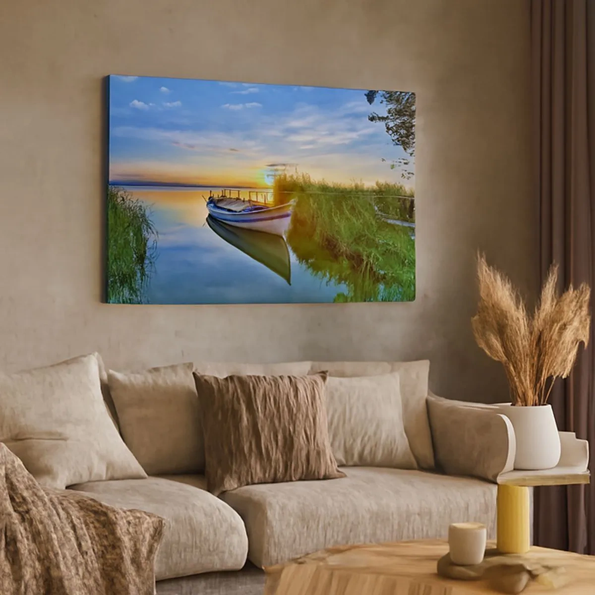 Cuadro sobre lienzo - Impresión de Imagen - Un barco en una bahía tranquila al atardecer. - 70x50cm - Sueños cumplidos - Decoración de pared moderna para salón y dormitorio ARTTOR