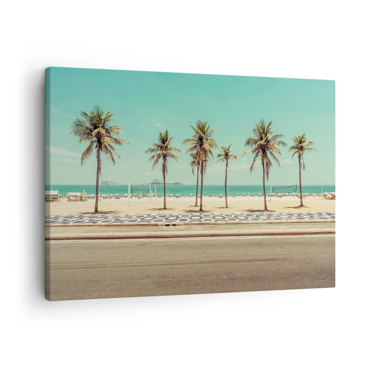 Cuadro sobre lienzo - Impresión de Imagen - Palmeras en la playa con vistas al mar y al cielo azul. - 70x50cm - En la playa - Decoración de pared moderna para salón y dormitorio ARTTOR