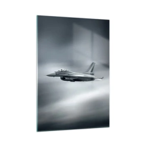 Cuadro sobre vidrio - Impresiones sobre Vidrio - Un avión de combate en vuelo contra un cielo nublado. - 50x70cm - ¿Quieres un reto? - Decoración de pared moderna para salón y dormitorio ARTTOR