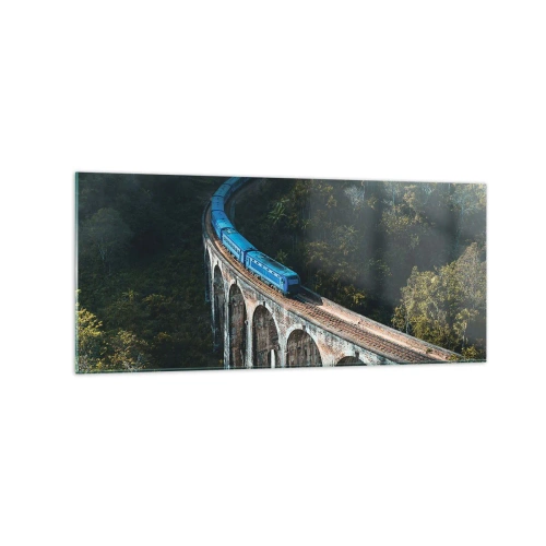 Cuadro sobre vidrio - Impresiones sobre Vidrio - Un tren azul en un viaducto histórico entre los bosques. - 120x50cm - Vías sobre la naturaleza - Decoración de pared moderna para salón y dormitorio ARTTOR