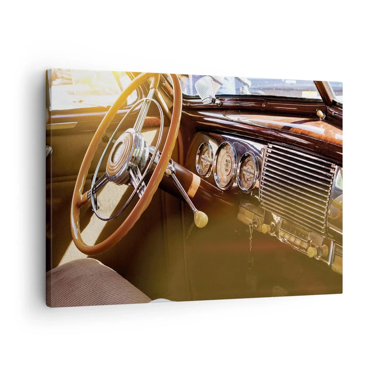 Cuadro sobre lienzo - Impresión de Imagen - Primer plano del interior de un coche clásico con detalles en madera y cromo. - 70x50cm - Un soplo de lujo del pasado - Decoración de pared moderna para salón y dormitorio ARTTOR