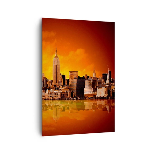 Cuadro sobre lienzo - Impresión de Imagen - Panorama de la ciudad al atardecer con edificios reflejados en el agua. - 70x100cm - Un panorama de la ciudad en amarillo y marrón - Decoración de pared moderna para salón y dormitorio ARTTOR