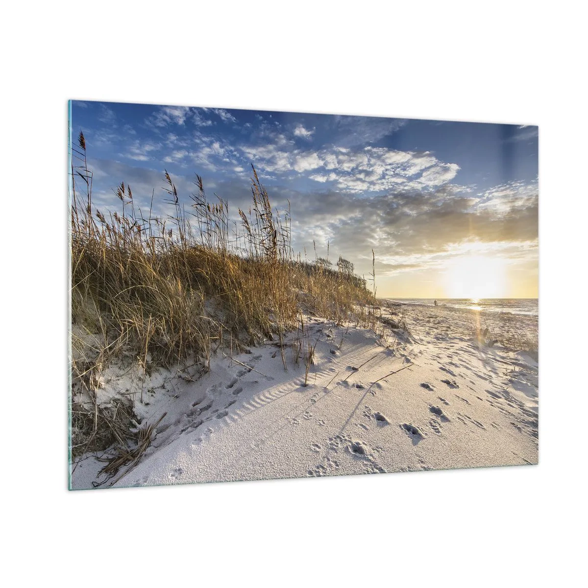 Cuadro sobre vidrio - Impresiones sobre Vidrio - Playa de arena al atardecer con hierbas junto a la duna - 100x70cm - Invitación a un paseo - Decoración de pared moderna para salón y dormitorio ARTTOR
