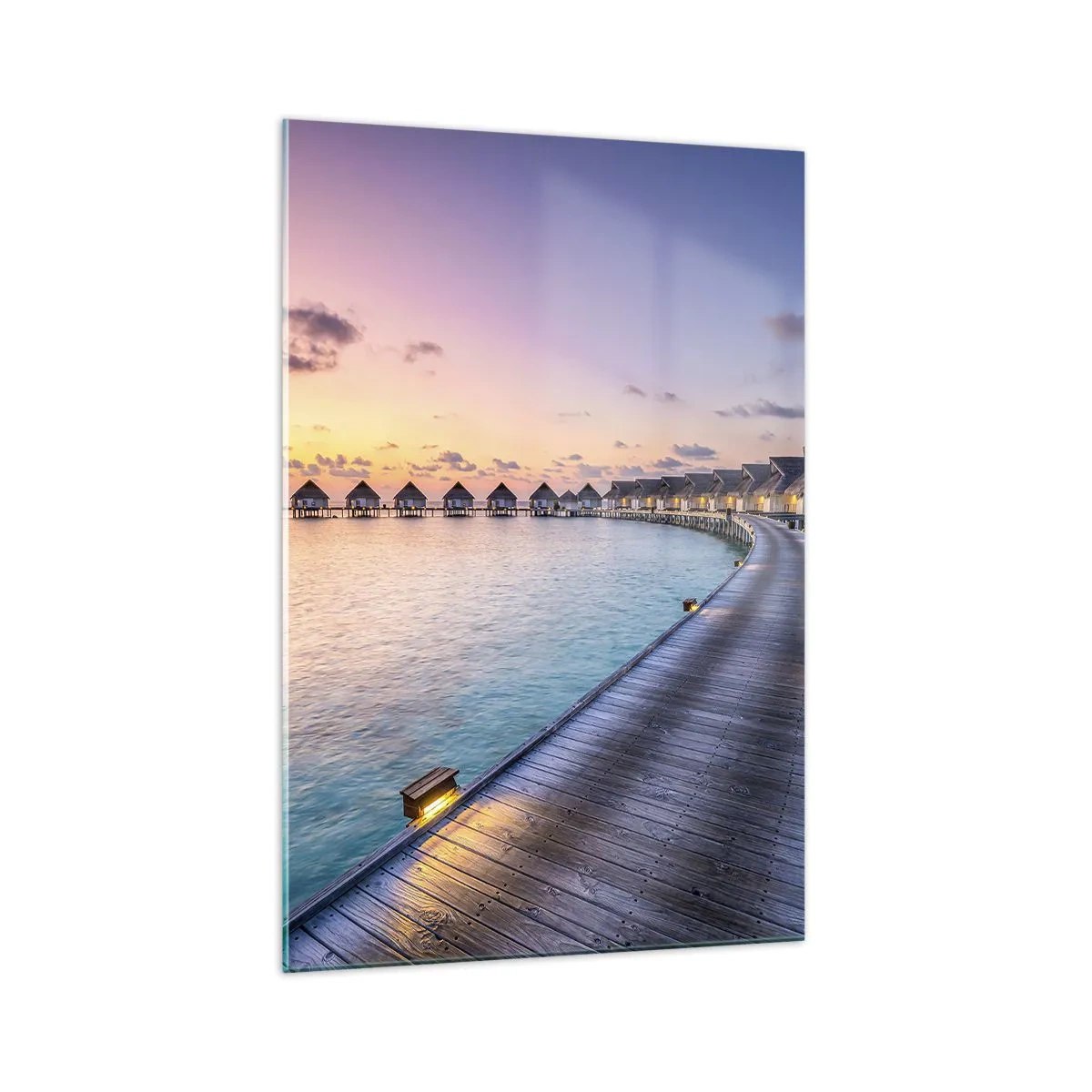 Cuadro sobre vidrio - Impresiones sobre Vidrio - El muelle que conduce a las cabañas frente al mar al atardecer. - 70x100cm - Vacaciones - volver al origen - Decoración de pared moderna para salón y dormitorio ARTTOR