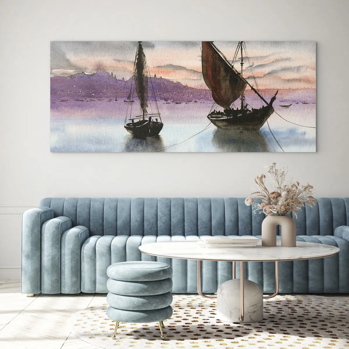 Cuadro sobre vidrio - Impresiones sobre Vidrio - Dos veleros amarrados en aguas tranquilas al anochecer - 140x50cm - Atardecer en el puerto - Decoración de pared moderna para salón y dormitorio ARTTOR