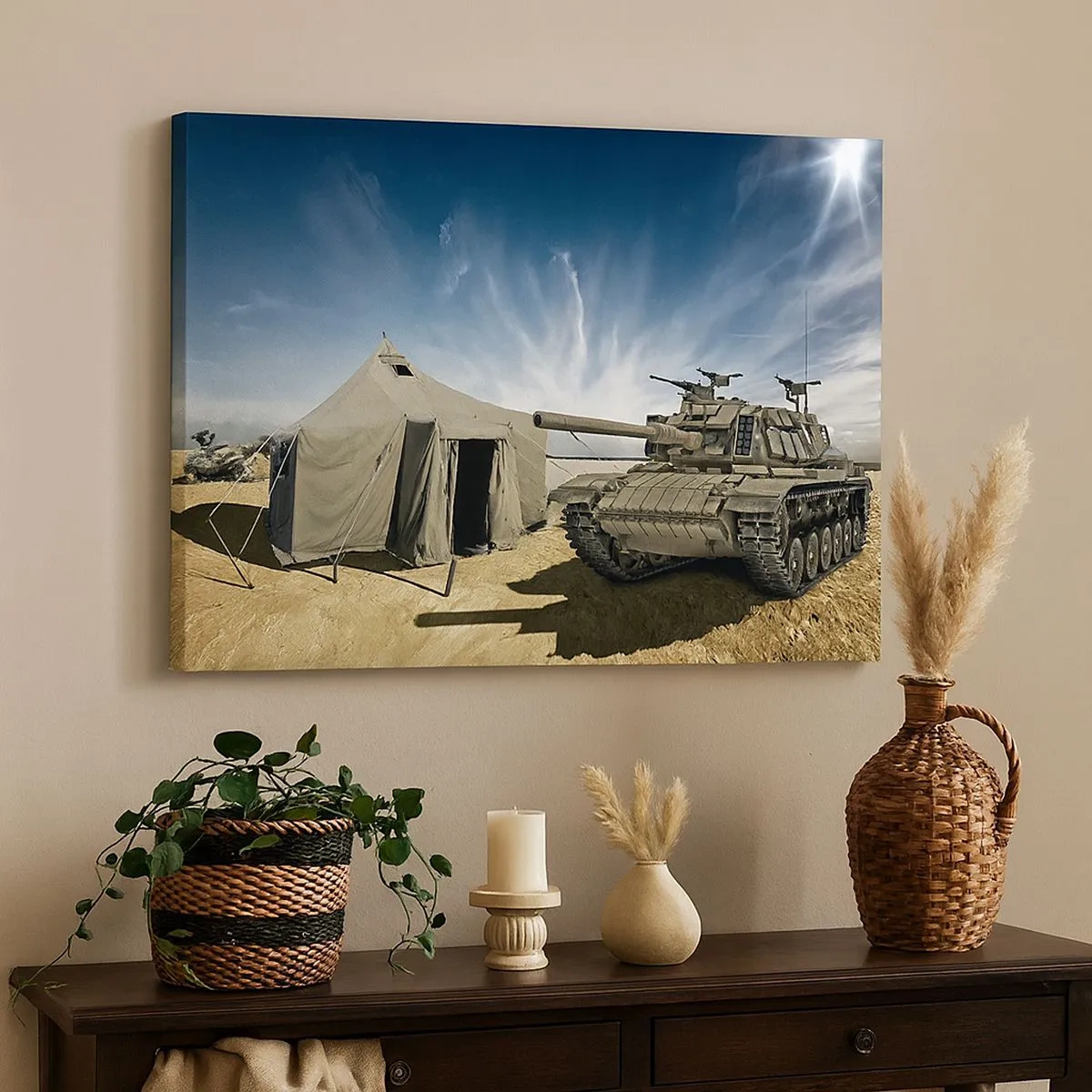 Cuadro sobre lienzo - Impresión de Imagen - Un tanque junto a una tienda militar en una zona desértica. - 70x50cm - Campaña militar - Decoración de pared moderna para salón y dormitorio ARTTOR