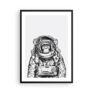Póster en marco negro - Un mono con traje espacial sobre un fondo blanco. - 50x70cm - Evolución alternativa - Decoración de pared moderna para salón y dormitorio ARTTOR