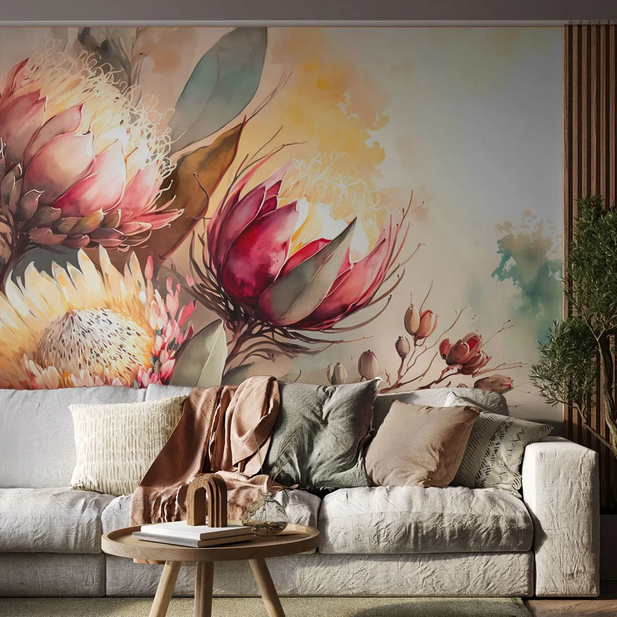 Fotomural Premium Sand - Flores de protea sobre un fondo de acuarela claro - 100x70cm - De perfil y de frente - Decoración de pared moderna para salón y dormitorio ARTTOR