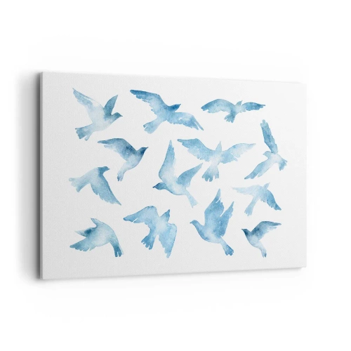 Cuadro sobre lienzo - Impresión de Imagen - Una acuarela sutil que representa pájaros voladores. - 120x80cm - Pájaros azules - Decoración de pared moderna para salón y dormitorio ARTTOR