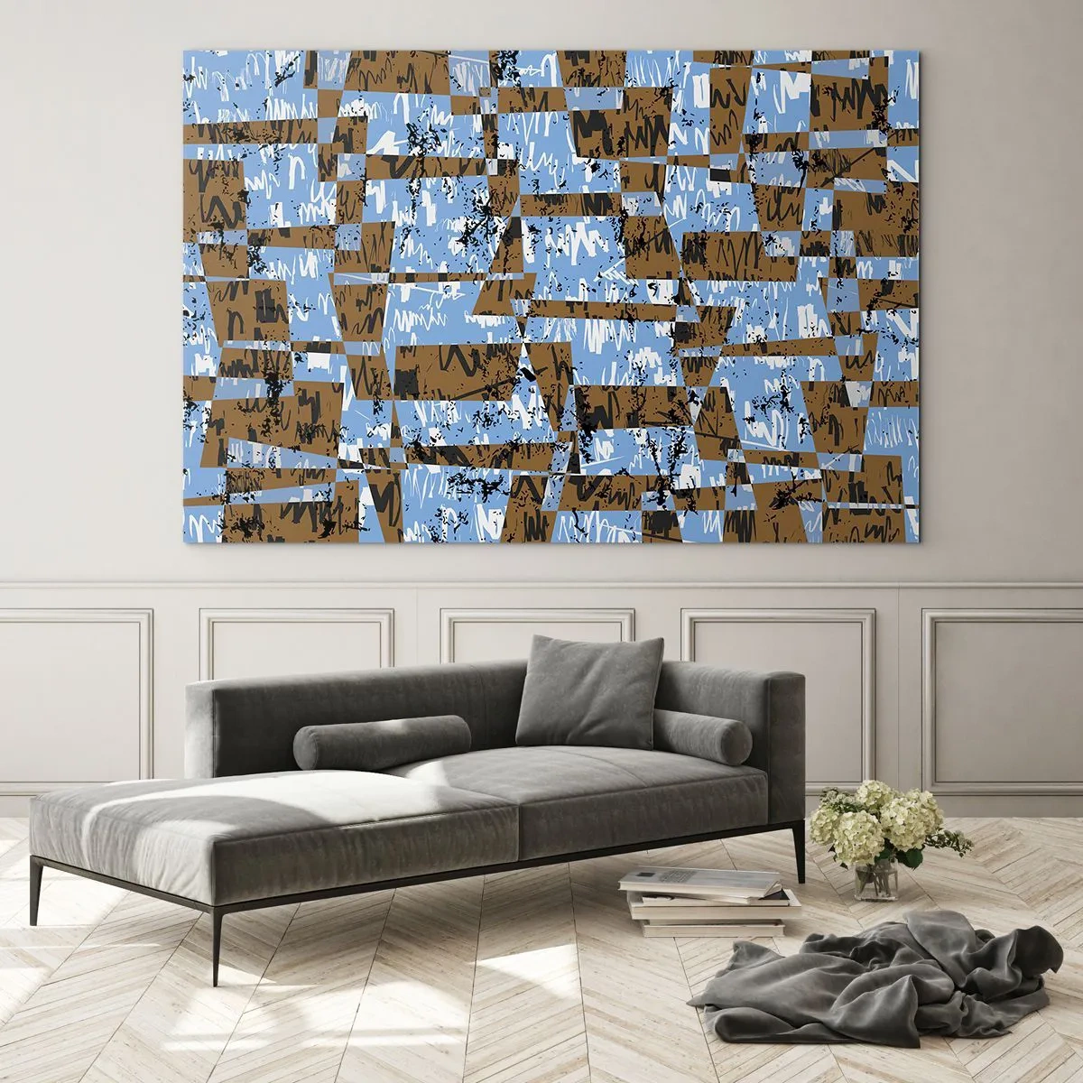Cuadro sobre vidrio - Impresiones sobre Vidrio - Abstracción geométrica con tonos azules y marrones. - 120x80cm - Un recorte del desierto - Decoración de pared moderna para salón y dormitorio ARTTOR