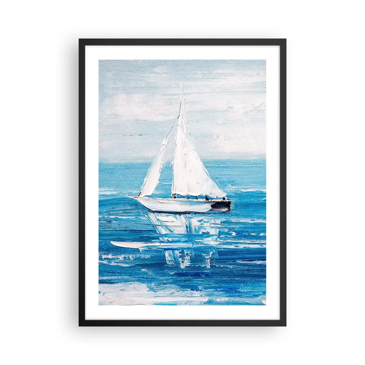 Póster en marco negro - Un yate en el mar en tonos azules. - 50x70cm - Con un amigo a tu lado - Decoración de pared moderna para salón y dormitorio ARTTOR
