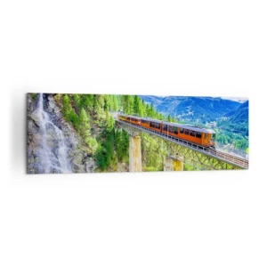 Cuadro sobre lienzo - Impresión de Imagen - Una montaña rusa en un puente con vistas a una cascada y montañas. - 160x50cm - Ferrocarril a los Alpes - Decoración de pared moderna para salón y dormitorio ARTTOR
