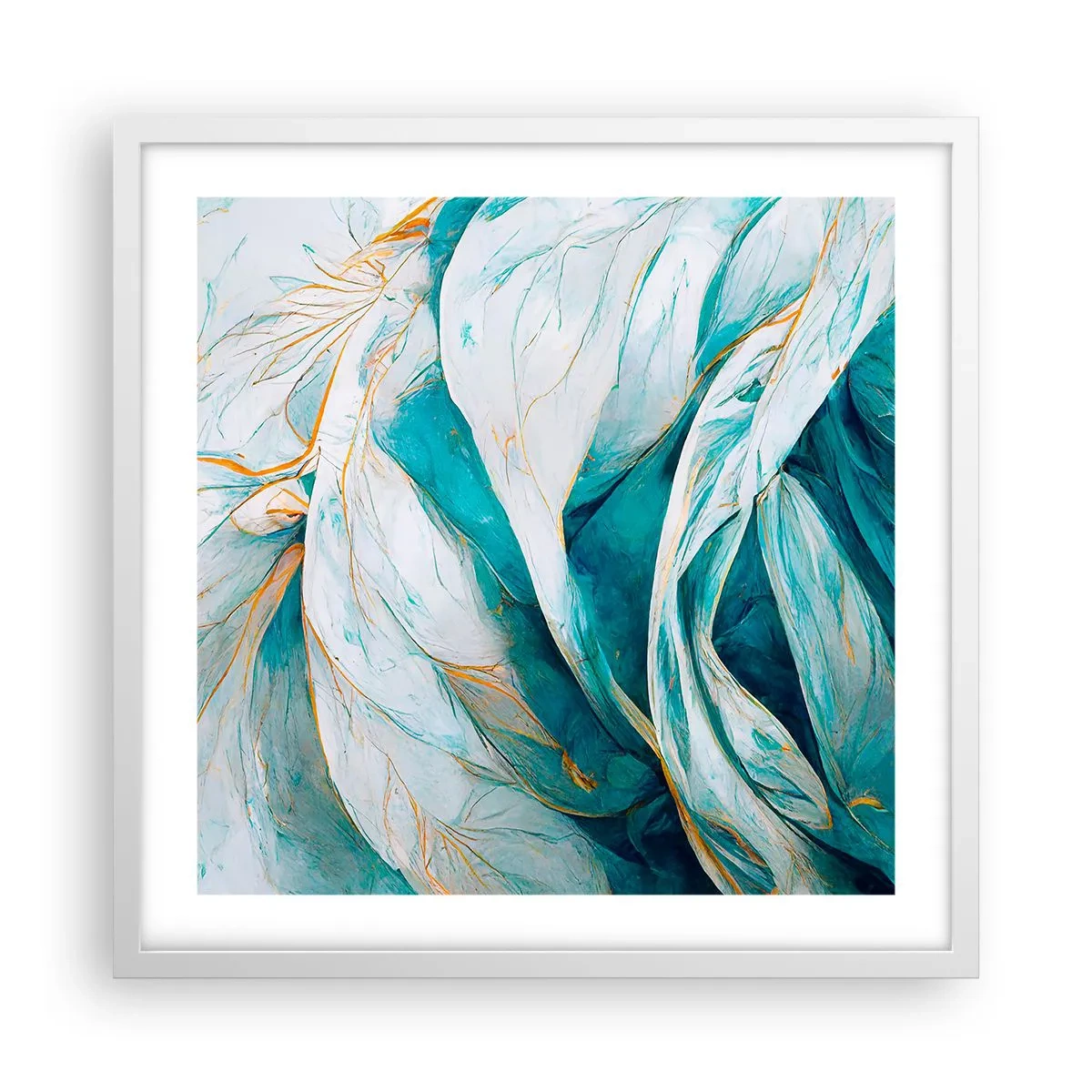 Póster en marco blanco - Abstracción azul con motivos dorados - 50x50 cm