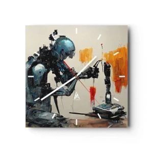 Reloj de pared - Reloj de vidrio - Robot trabajando con fondo abstracto - 30x30cm - Próximamente... - Decoración de pared moderna para salón y dormitorio ARTTOR