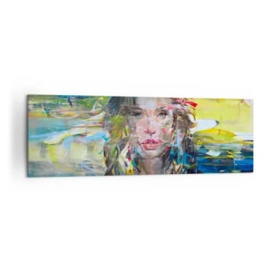 Cuadro sobre lienzo - Impresión de Imagen - Retrato abstracto de una mujer en colores intensos. - 160x50cm - Tras el velo del aire - Decoración de pared moderna para salón y dormitorio ARTTOR