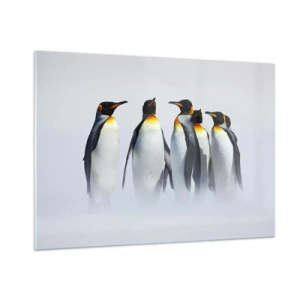 Cuadro sobre vidrio - Impresiones sobre Vidrio - Un grupo de pingüinos en un paisaje invernal. - 100x70cm - Reunión en traje de noche - Decoración de pared moderna para salón y dormitorio ARTTOR