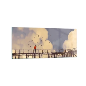 Cuadro sobre vidrio - Impresiones sobre Vidrio - Una figura en un puente entre nubes con pájaros en el cielo. - 120x50cm - Anhelo azul - Decoración de pared moderna para salón y dormitorio ARTTOR